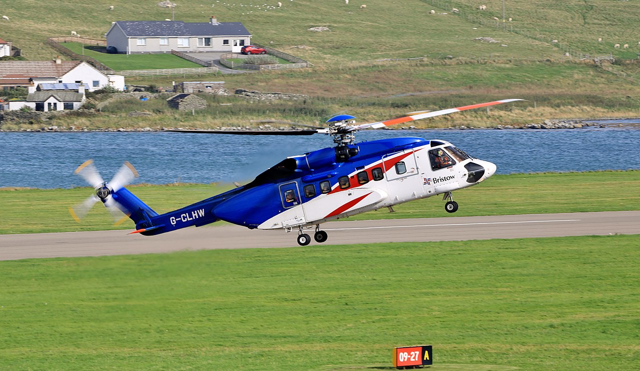 A Bristow Group helicopter landing at Sumburgh Airport