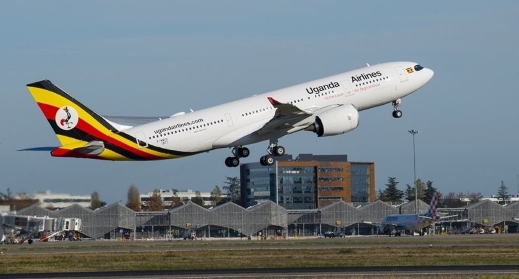 A Uganda Airlines Airbus taking off.
