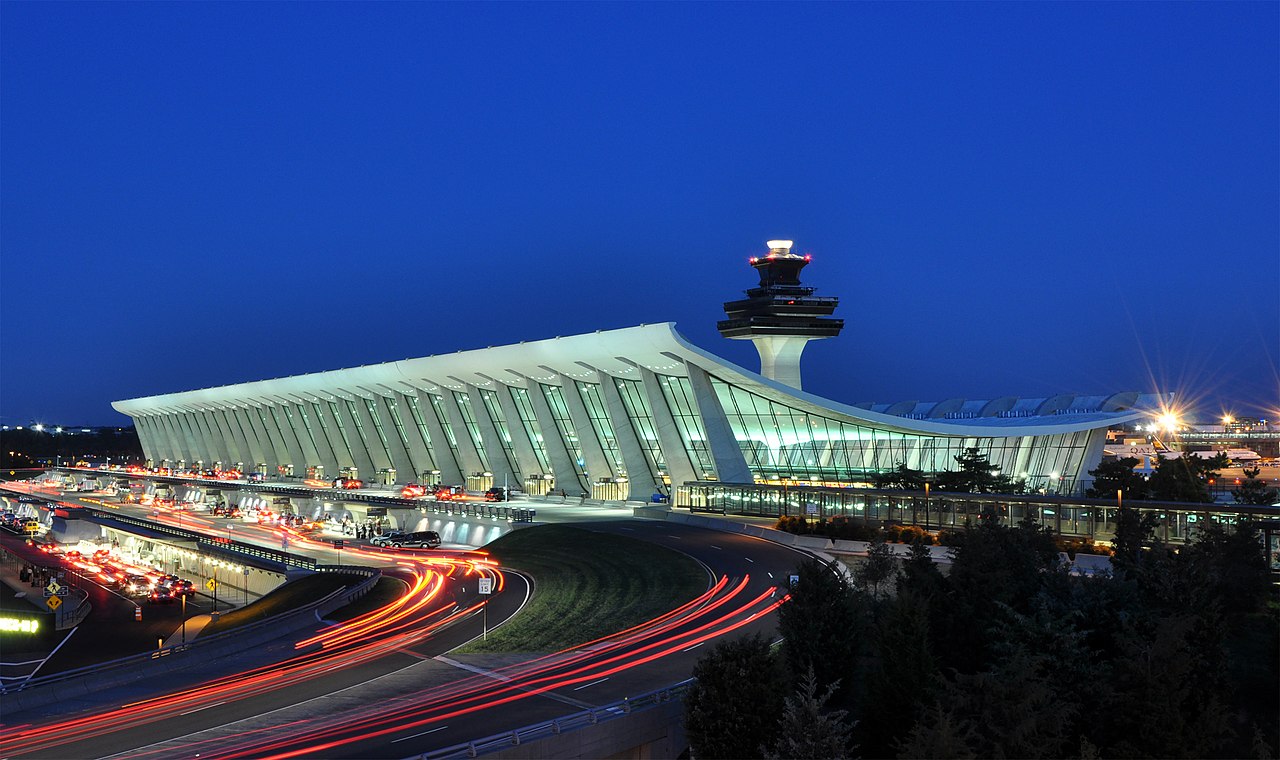 Washington Dulles International Airport at night.
