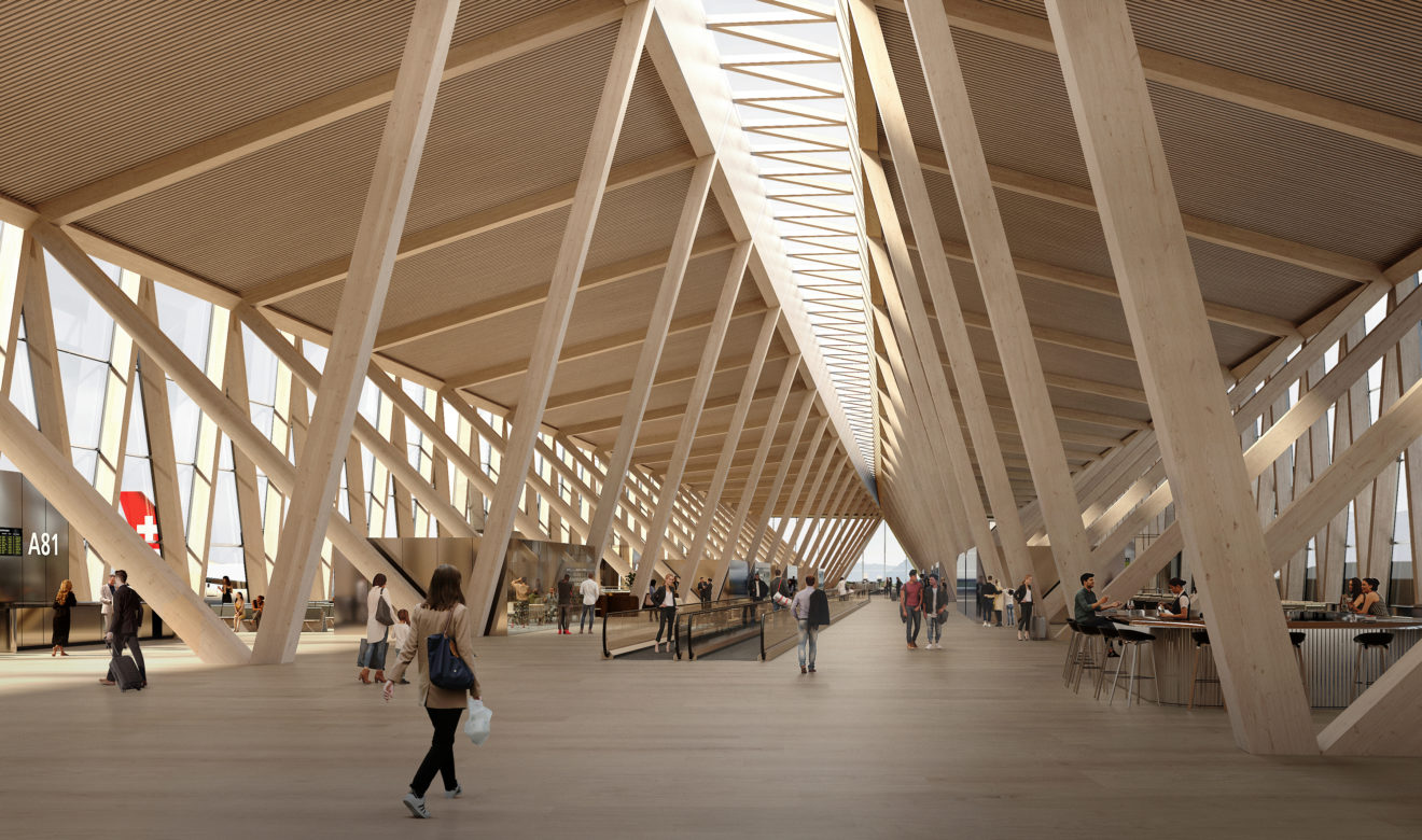 Interior view of Zurich Airport new wooden terminal building