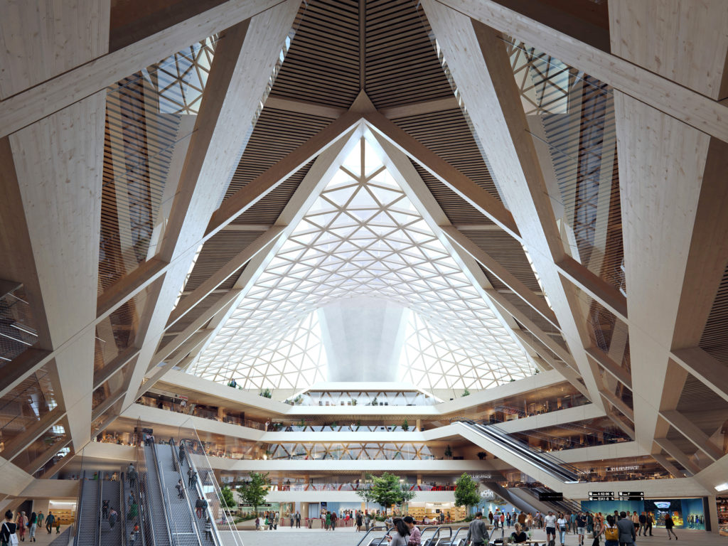 Interior view of the high ceiling of Zurich Airport's new wooden terminal building