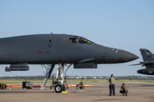 A US Air Force B-1B aircraft prepares to taxi.