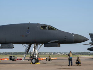 A US Air Force B-1B aircraft prepares to taxi.