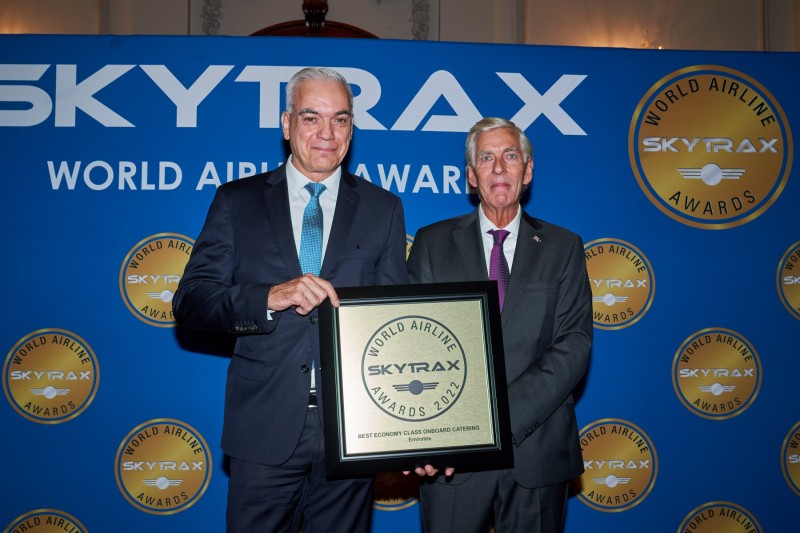 Thomas Ney,Divisional Senior Vice President Service Delivery - Emirates, receives a World's Best Economy Class Catering award at The StarTrax Awards
