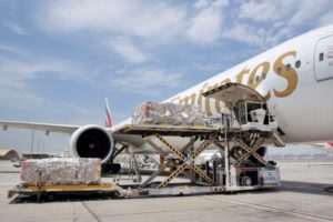 An Emirates Sky Cargo aircraft unloads emergency aid supplies in Pakistan