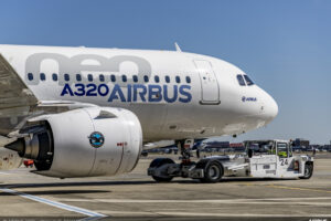 Close up of an Airbus A320neo on the ground.