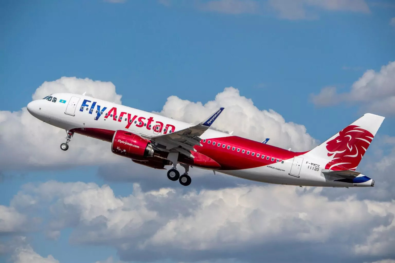 The new FlyArystan Airbis A320 climbs after takeoff.