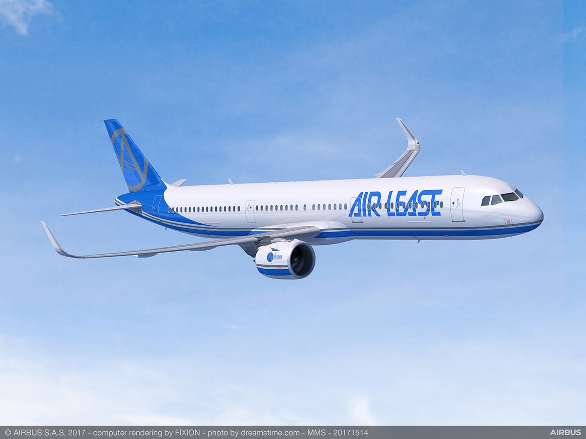 A rendering of an Airbus in Air Lease livery