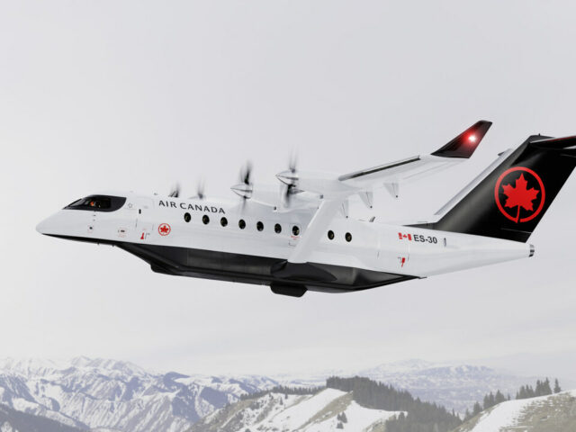 A render of an Air Canada Heart Aerospace electric commuter aircraft in flight.