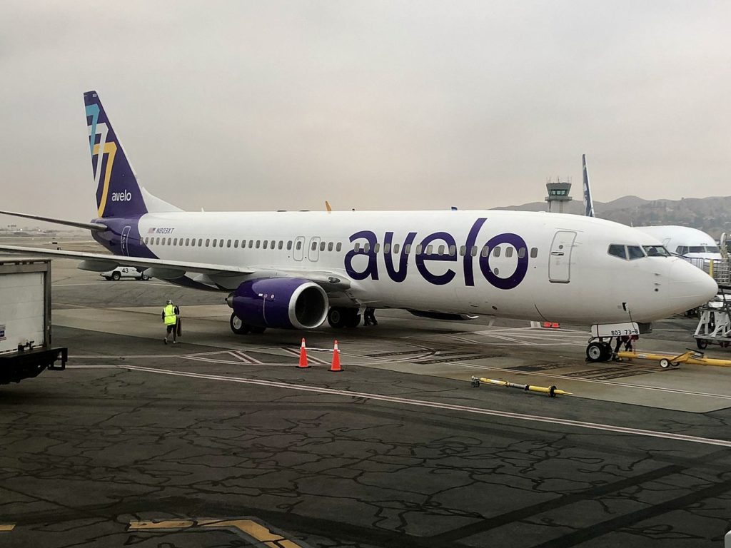 An Avelo Airlines B737 parked at the ramp.