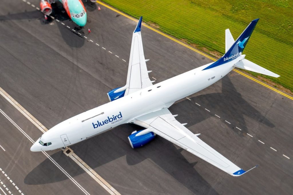 Overhead view of Bluebird Nordic cargo freighter on runway.