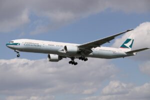 A Cathay Pacific Boeing 773 in flight.