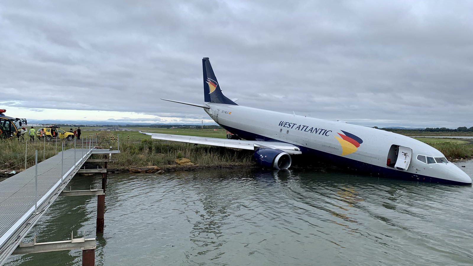 A West Atlantice B737 lies with its nose submerged in a lake after a landing incident at Montpellier Airport in France.