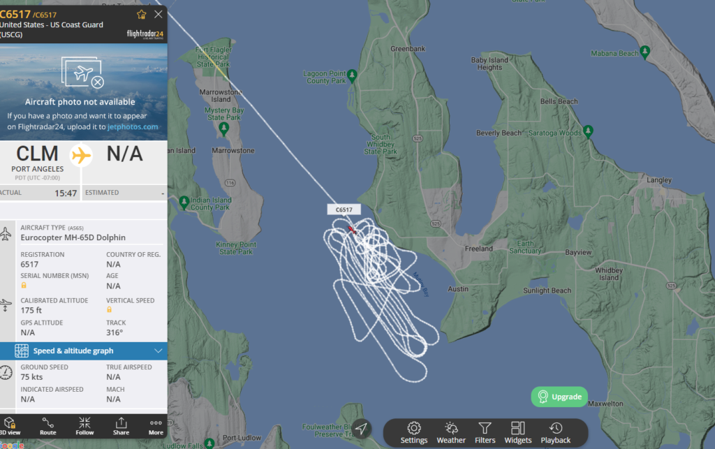 FlightRadar map of the Mutiny Bay plane crash site depicting flight path of search aircraft.