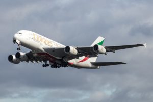 An Emirates A380 Airbus on approach to land at Heathrow.