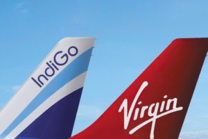 An image of the Virgin Atlantic and IndiGo tail liverys.