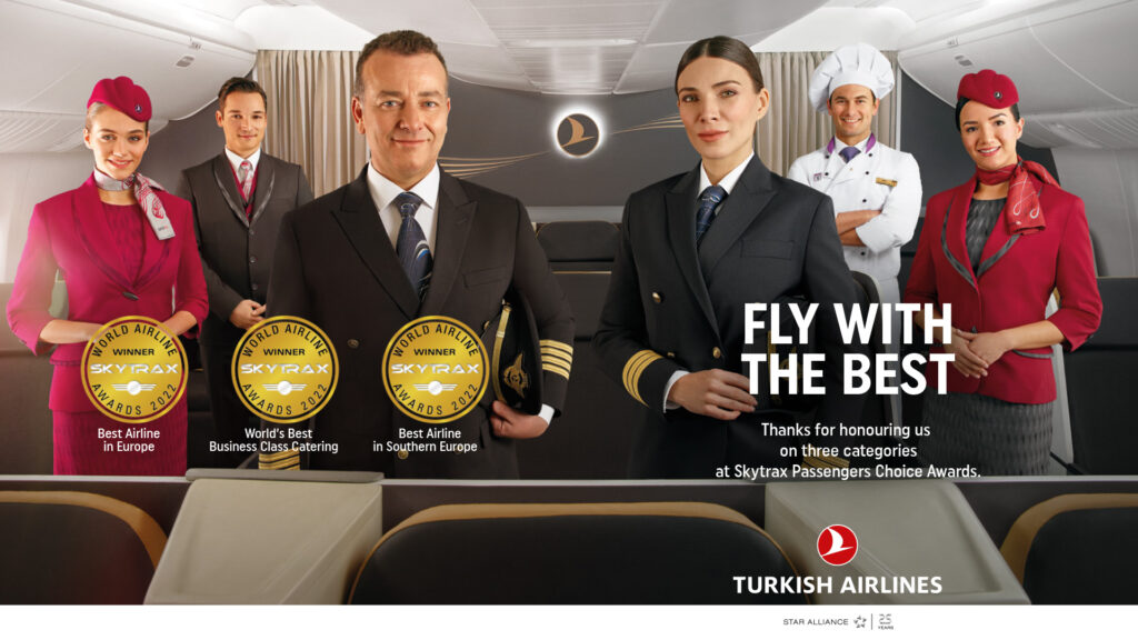 Turkish Airlines flight and cabin crew celebrate their Skytrax 2022 award wins.