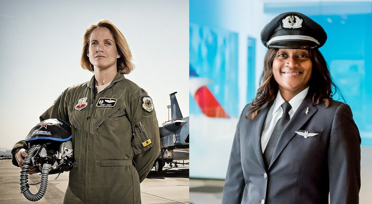 Profiles of two women in aviation.