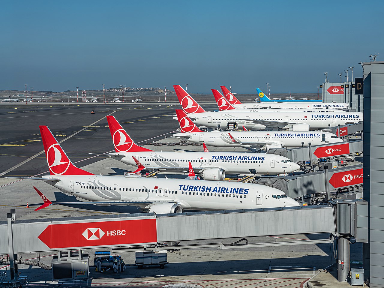 A line-up of parked aircraft at Turkey Istanbul airport