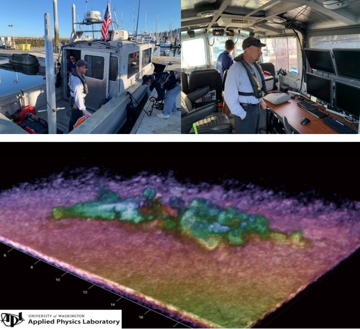 Images of survey vessel and soar image of Mutiny Bay place crash debris on sea floor.