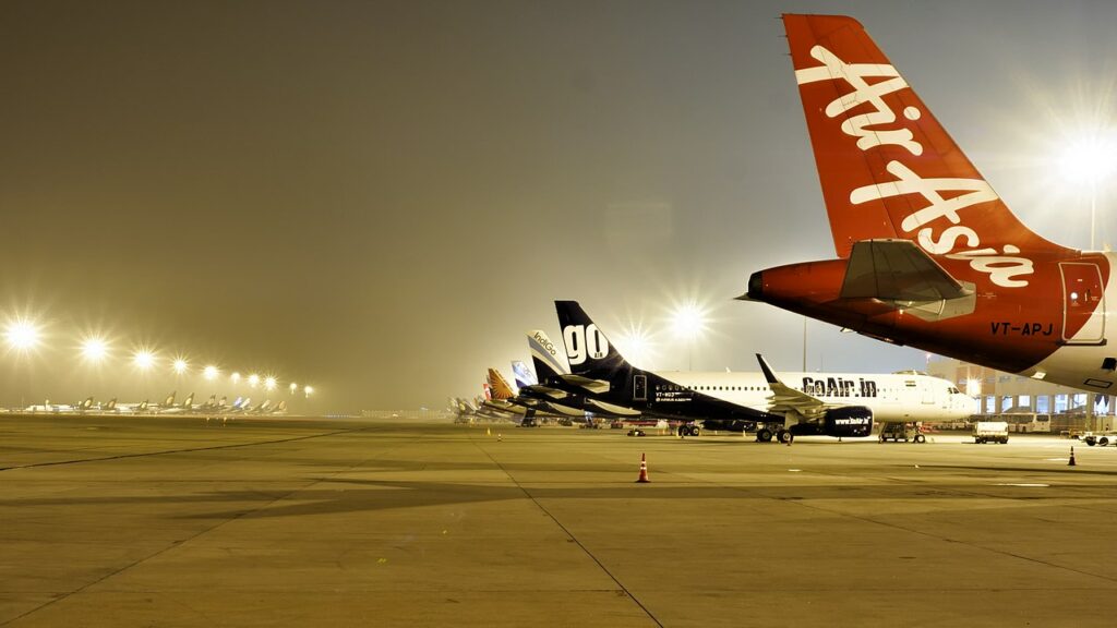 A line-up of parked Indian aircraft at Bengaluru Airport, India.