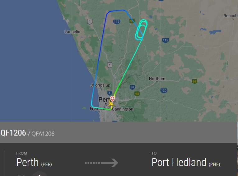 Flight track of Qantas flight QF1206 following bird strike.