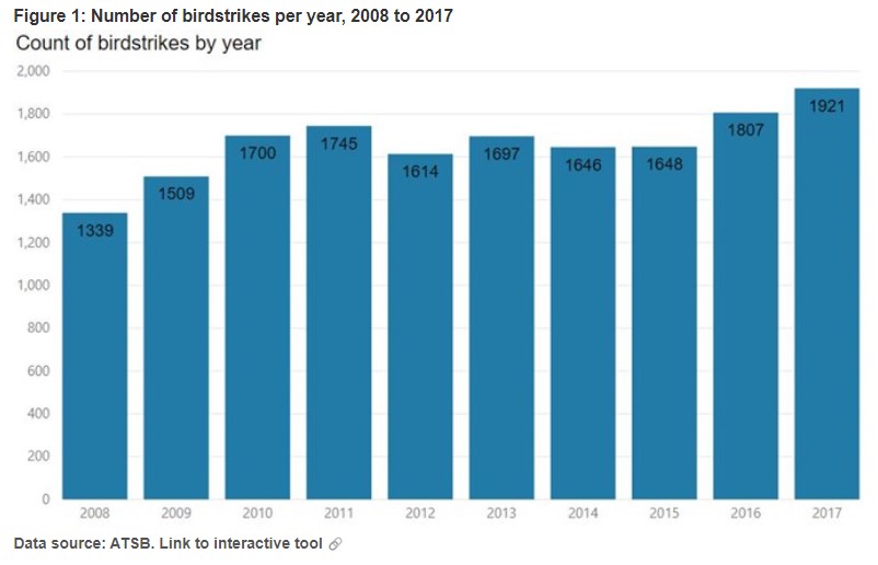A graph of numbers of bird strikes recorded in Australia per year from 2008 to 2017.