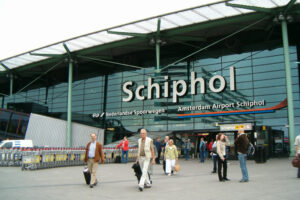 Exterior view of Schiphol Airport terminal.