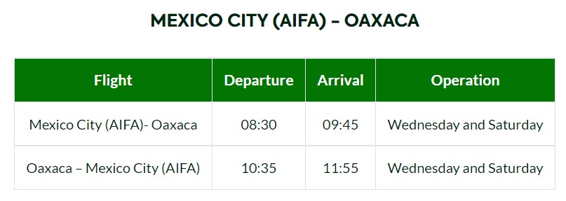 Viva Aerobus flight schedule from Mexico City to Oaxaca.