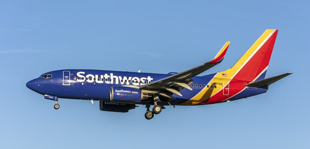 A Southwest Airlines Boeing 737 with landing gear down.