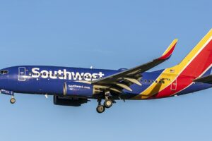 A Southwest Airlines Boeing 737 with landing gear down.