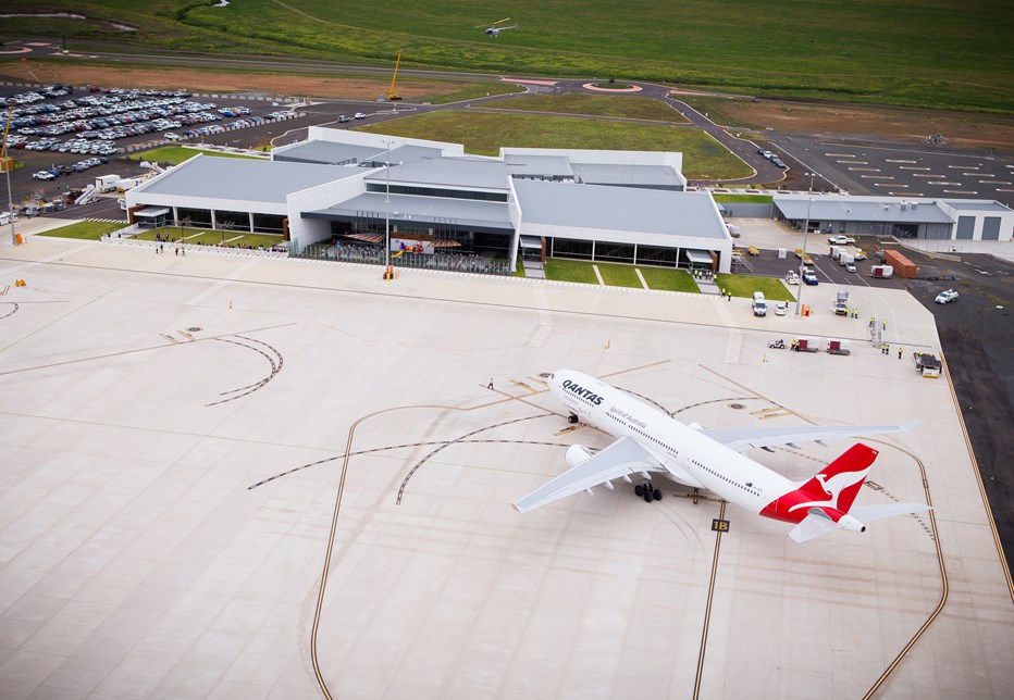 Aerial view of tarmac and main terminal at Toowoomba Wellcamp Airport, planned for development of Virgin Orbit spaceport.