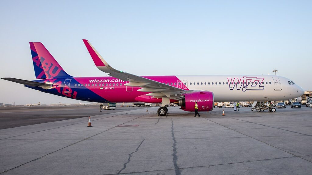 A Wizz Air Airbus parked in Abu Dhabi