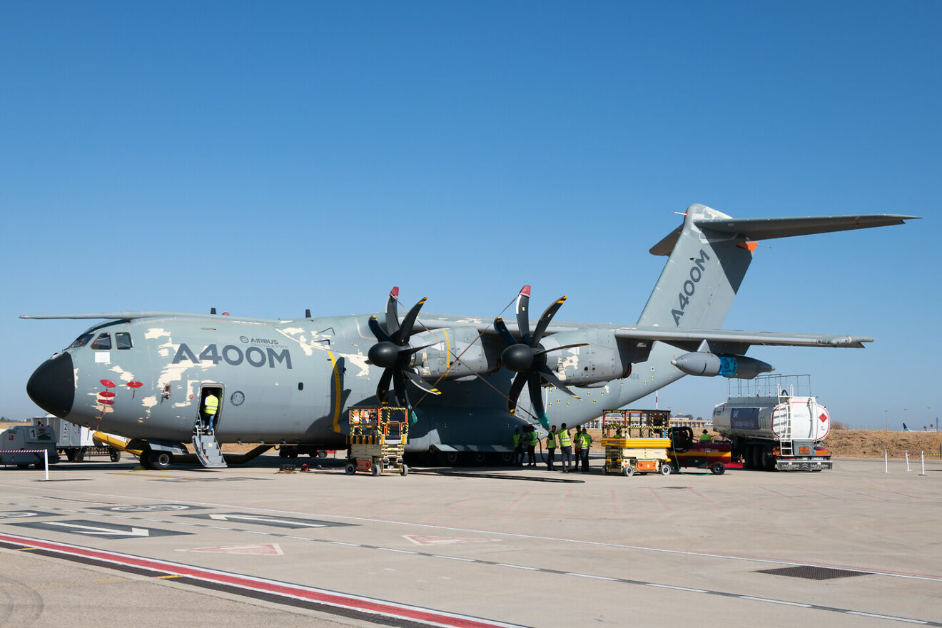 Airbus A400M MSN4 being fuelled with Sustainable Aviation Fuel (SAF) ready for a flight test.