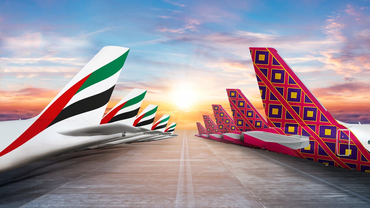A graphic showing tailplanes of Emirates and Batik Air aircraft back to back.