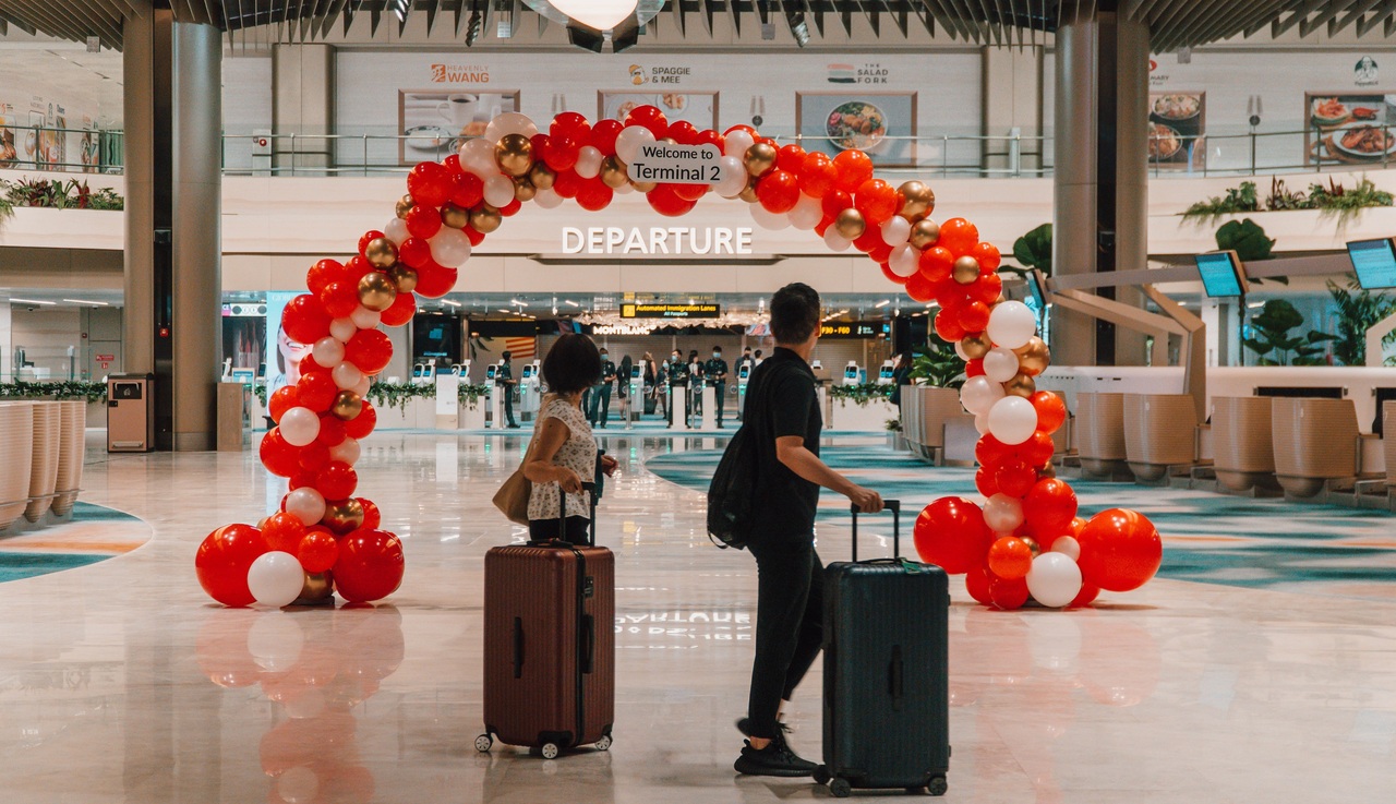 A colorful baloon arch at the newly opened Singapore Changi Airport T2