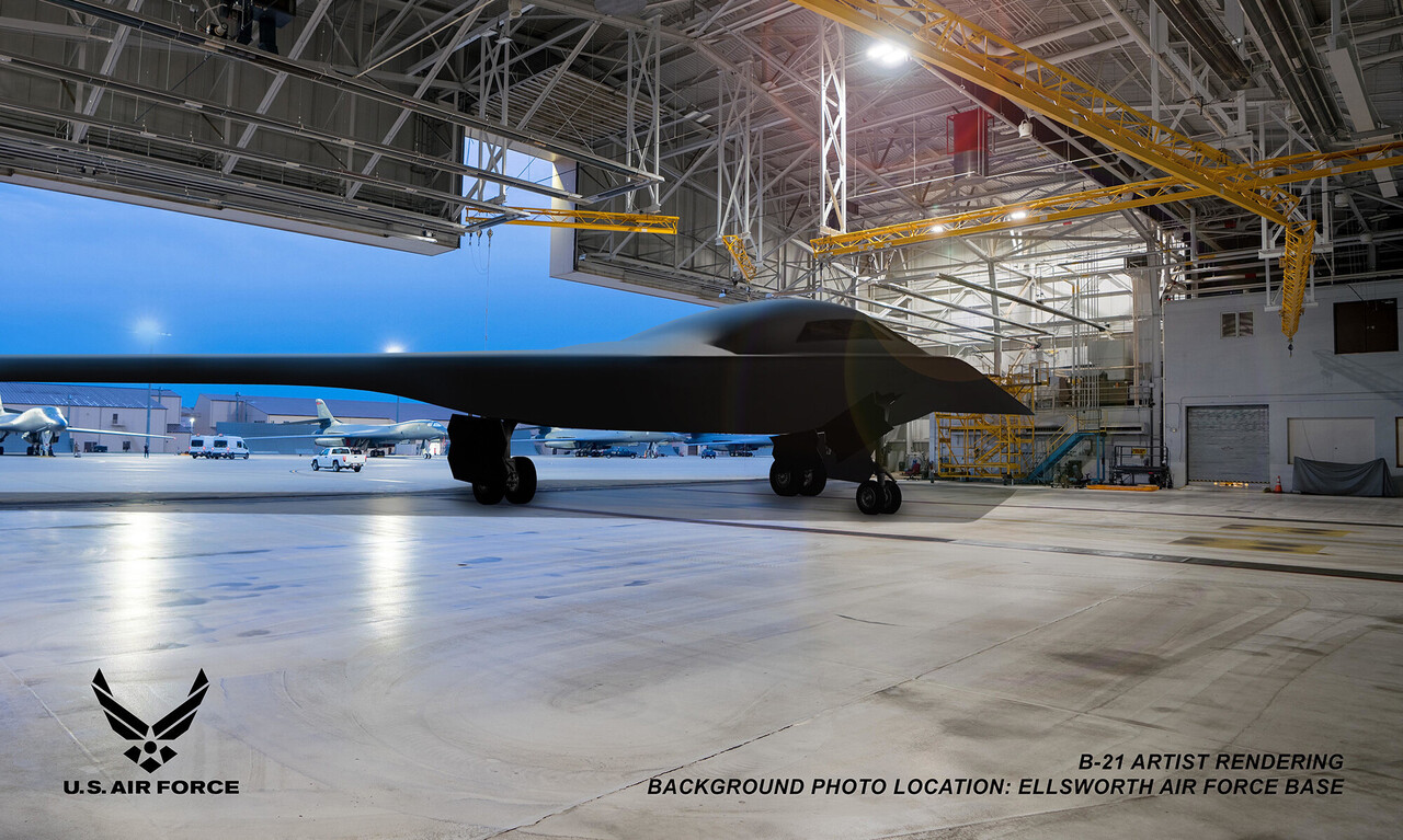 A render of a ASAF B-21 bomber parked in a hangar