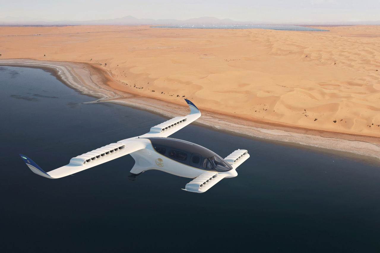 A render of the Lilium Jet with SAUDIA logo in flight over desert.