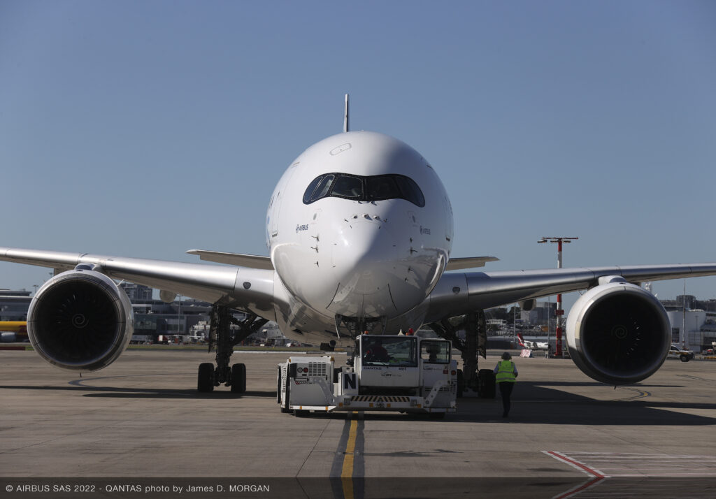 A Qantas A350 parked at Sydney Airport
