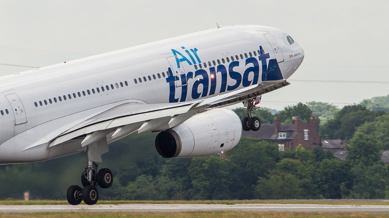 An Air Transat Airbus about to land.
