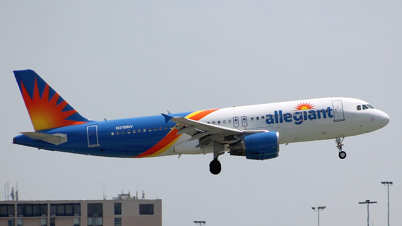 An Allegiant Air Airbus climbs after takeoff.