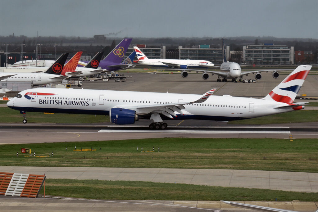 A British Airways Airbus takes off.