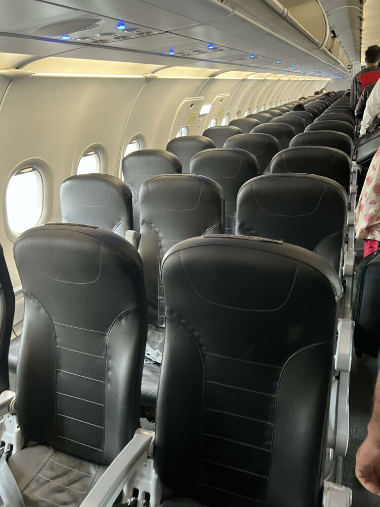 The cabin of a Go First A320 Airbus.