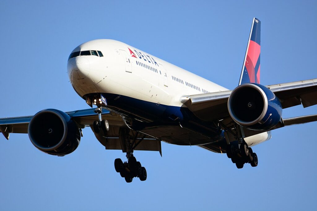 A close up of an approaching Delta Air Lines Boeing.