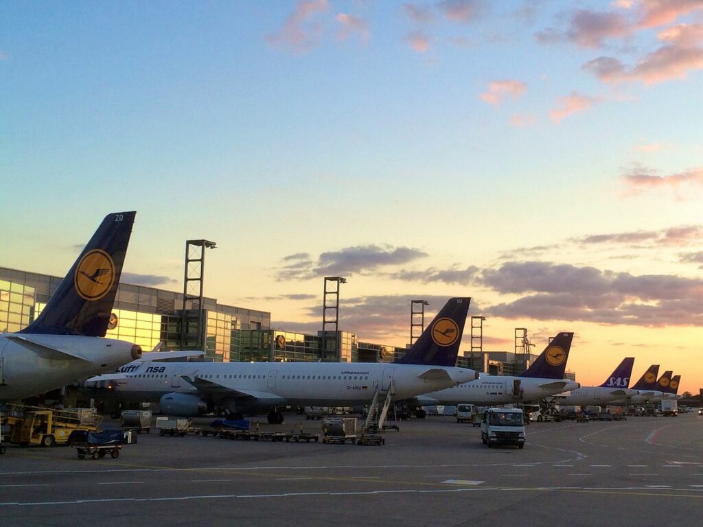 A line of Lufthansa aircraft parked at Frankfurt airport
