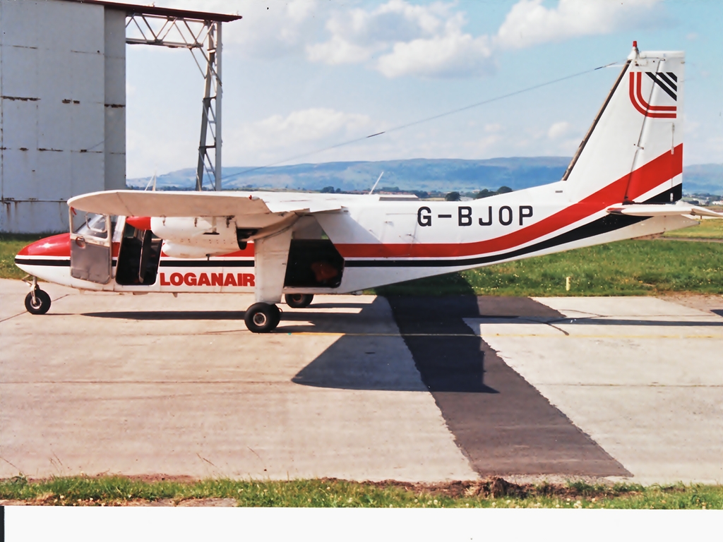 A Loganair Britten Norman Islander aircraft parked.