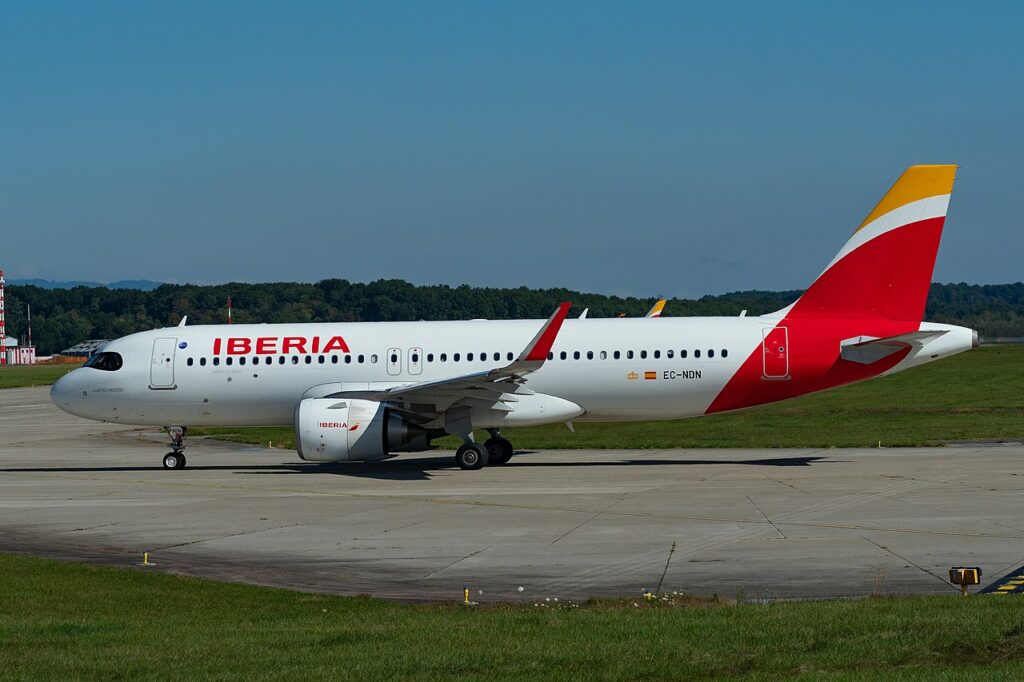 An Iberia Airbus taxis for takeoff.