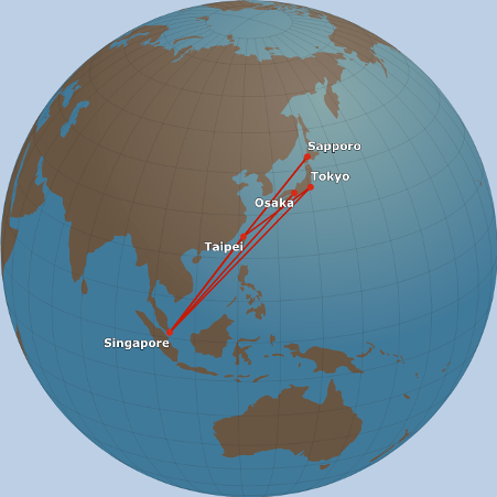 Global map depicting Singapore Airlines routes to Japan.