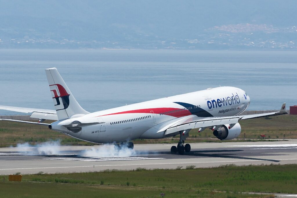 A Malaysia Airlines Airbus touches down.