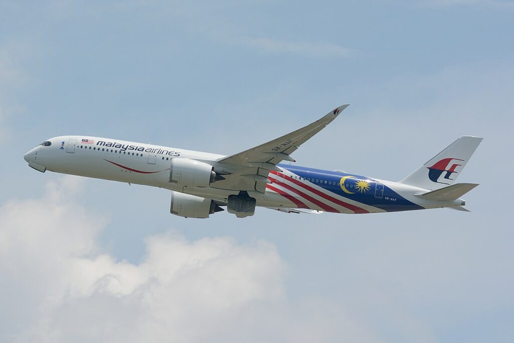 A Malaysia Airlines Airbus taking off.